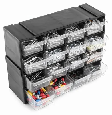 Obrázok produktu pre Dielenská Skriňa s 16 zásuvkami modulárna police 22 x 16 cm plynule rozšiřitelný Kombinovaný modul priehľadný