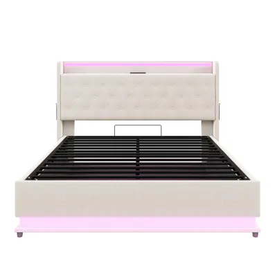 Produktbild von Merax Polsterbett 160x200cm mit LED und USB, hydraulisches Boxspringbett mit Lattenrost, Stauraum und Metallrahmen, Doppelbett Jugendbett Leinen,Beige