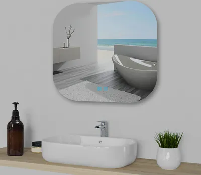 A modern bathroom scene with a sink, mirror, and bathtub reflected in the mirror.