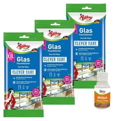 Produktbild von Poliboy 3er Glasfeuchttücher - inklusive Möbel Probe - für Glasflächen - 1602401