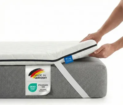 A person's hands are shown placing a white mattress topper onto a gray mattress.
