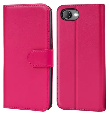 A pink flip case for a smartphone is shown from the front and back.