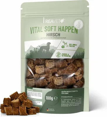 Produktbild von REAVET Hundeleckerli Getreidefrei I Hirsch (100g) I Zuckerfrei & mit hohem Fleischanteil I Hundesnack Klein & Soft I Trainings-Leckerli für Training & Belohnung