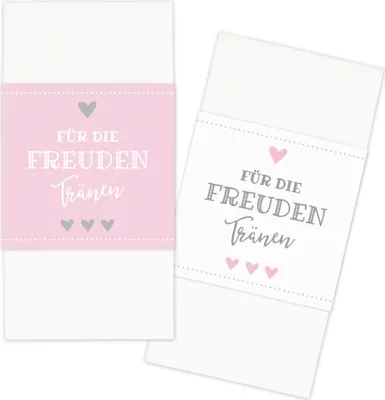 Produktbild von KuschelICH 50 Banderolen Für die Freudentränen zweiseitig mit Klebepunkt zum Verschließen - Taschentuch Banderole Hochzeit rosa/weiss