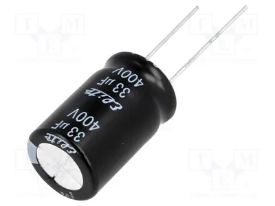 Zdjęcie produktu dla 2 sztuki kondensatora: elektrolitycznego, pojemność 33uF, średnica 16mm, wysokość 25mm, napięcie 400VDC, montaż przelotowy, tolerancja 20%, seria PF2G330MNN1625, producent Elekt