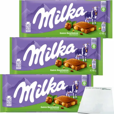 Produktbild von Milka ganze Haselnüsse 3er Pack (3x95g Tafel) + usy Block