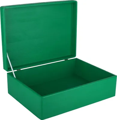 An open green wooden box with a lid.