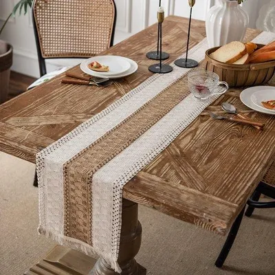 Immagine prodotto di Ibenzoa®: runner da tavola in lino in stile bohémien con nappine, per una decorazione elegante della tavola