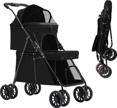 Produktbild von 2 Etagen Hundewagen klappbar Haustierwagen für Hunde Katzen Hundebuggy Schwarz