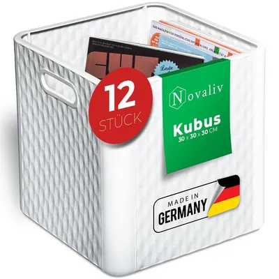 Produktbild von Novaliv 12x Box 30x30x30 cm Weiß Boxen für Kallax Regal Körbe 30x30 Aufbewahrungsbox Regal als Schrank Kisten ideal als Kisten für Kallax Regal Faltboxen 30x30x30 cm Falt box 30x30 als Kallax Kisten