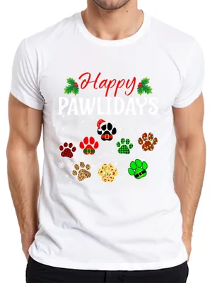 Obrázek produktu pro Happy Pawlidays Dogs Cats Christmas Paws Gift Vtipné pánské tričko, bílé, M