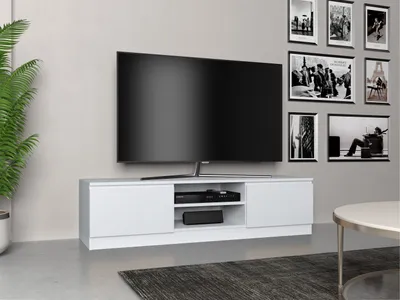 Produktbild von CDF TV-Schrank 140 | Farbe: Mattweiß | Moderner Fernsehtisch | Ablagen für Audio-/Videogeräte | Stauraum für Kleinigkeiten