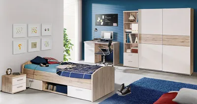Image de Ensemble de chambre d'enfant « Winnie » complet, 5 pièces, avec armoire à portes coulissantes, chêne sable - blanc