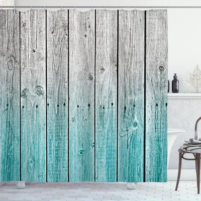 Image de ABAKUHAUS Rideau de douche rustique, fond en bois avec effet numérique, image artistique de maison de campagne, 175 x 220 cm, bleu pâle et gris