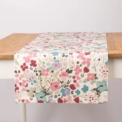Produktbild von Tischläufer Aquarell Blüten weiß rosa blau aus Baumwolle