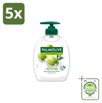 Immagine prodotto di 5 flaconi di sapone liquido per le mani Palmolive, profumo di latte e olive, capacità 300 ml, confezione grande (5 pezzi)