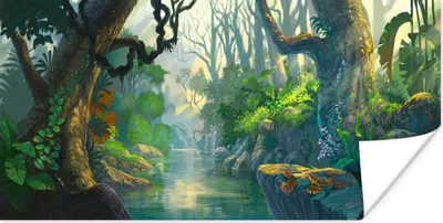 Produktbild von MuchoWow® Poster Wald - Fluss - Malerei - Mädchen - Kinder - Jungen 160x80 cm - Foto Poster