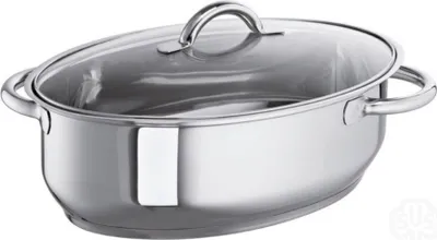 A stainless steel oval pot with a glass lid and handles, presented on a white background.