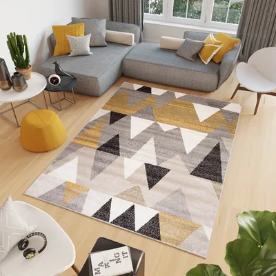 Produktbild von Teppich Wohnzimmer Schlafzimmer Kurzflor Modern Meliert Design Grau Gelb 300 x 400 cm