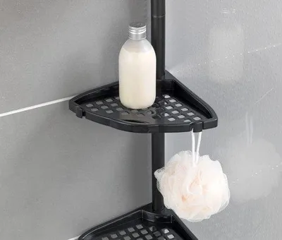 Image de Étagère de douche télescopique amovible Unyqoos®, sans perçage, réglable de 85 à 250 cm, avec 4 étagères d'angle et orifices de drainage, 4 crochets réglables, en métal noir