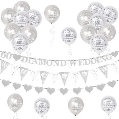 Produktbild von Dekorationen zum 60. Hochzeitstag: Banner, Glitzerbanner zur Diamanthochzeit, Wimpelketten und Luftballons für die Jubiläumsfeier