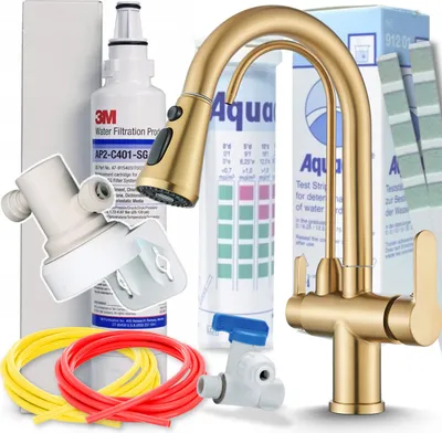 Immagine prodotto di Rubinetto da cucina a 3 vie Ari Nordic con doccetta estraibile, beccuccio girevole 360 gradi, collegamento filtro acqua, oro spazzolato