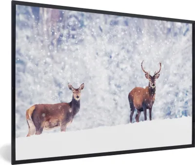 Produktbild von MuchoWow® MuchoWow® Gerahmtes Poster Hirsche - Tiere - Schnee 90x60 cm - Poster mit zchwarzem Bilderrahmen - Fotorahmen - Foto-Plakat