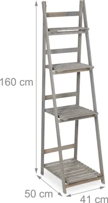 Image de Échelle à fleurs Relaxdays, 4 marches, échelle à fleurs en bois, pliable, étagère-échelle pour plantes, dimensions : 160 x 41 x 50 cm, gris