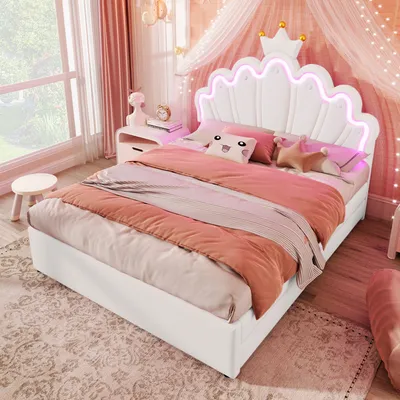 Obrázek produktu pro okwish Dětská postel 140×200 cm s laťovým roštem, čalouněná postel pro princeznu pro dívky, funkční dvoulůžko,postel se 2 zásuvkami,bílá (bez matrace)