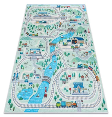 Produktbild von BAMBINO 61530 Waschteppich Fluss, Gleise, Zug für Kinder Anti-Rutsch - grün / grau Grün 200x290 cm