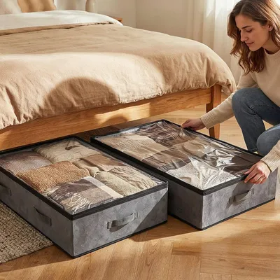Produktbild von Unterbett Aufbewahrungsbox mit deckel transparente Aufbewahrungstasche, Organizer für Kleiderschrank zur Aufbewahrung von Decken und Kleidern 90L x 4