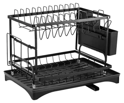 Produktbild von Geschirrabtropfer Für Die Küche - 2-Stöckiges Abtropfgestell - Kohlenstoffstahl - Mit Abtropfschale Und Besteckhalter - Stapelbar - 44x33x31 Cm - Schwarz