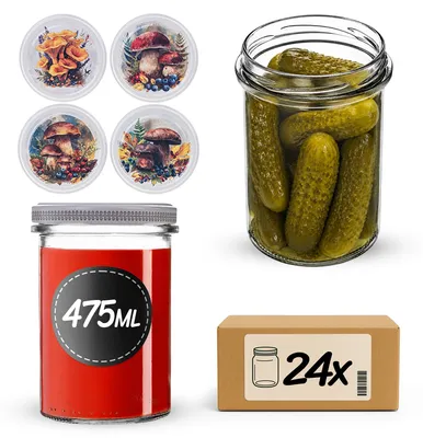 Produktbild von KADAX Einmachgläser 475ml mit Ø 82 mm Schraubdeckel, Marmeladengläser, Schraubgläser zum Einkochen, Einmachen und Aufbewahren von Marmelade & Honig (Pilzmix, 24 Stück)