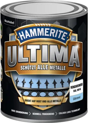 Produktbild von Hammerite Metallschutzlack Ultima Glänzend, Hochwertiger Schutzlack für alle Metalle im Außenbereich, Verkehrsweiß, RAL 9016, 750 ml