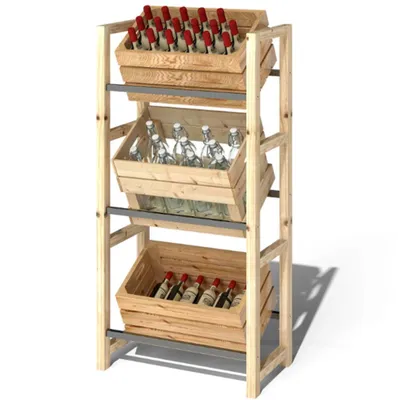 A three-tiered wooden shelf unit displaying bottles and crates of drinks.