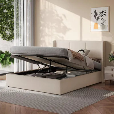 Immagine prodotto di Letto imbottito UnboxG, 160 x 200 cm, con rete a molle rialzabile, spazio contenitore sotto il letto, con testiera, color beige