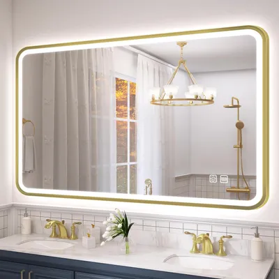 Immagine prodotto di Specchio da bagno illuminato, 120x70 cm, cornice in alluminio dorato, antiappannamento, dimmerabile, CRI > 90, memoria, grado di protezione IP44