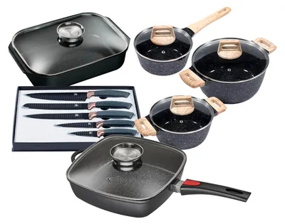 A collection of cookware and knives arranged on a white background.