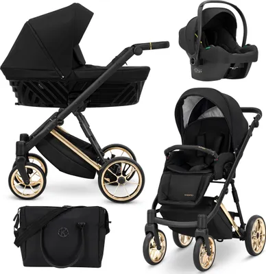 Produktbild von Kinderwagen IVENTO Sportwagen Babywagen Babyschale Komplettset Kinder Wagen Autositz Set 3 in 1 (Deep Black, Rahmenfarbe: Gold)