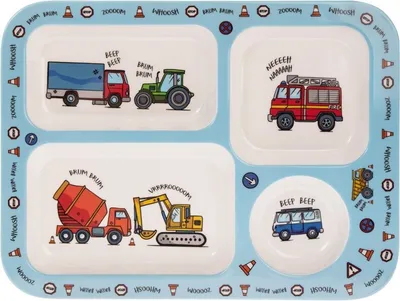 Produktbild von Bunter Kinderteller mit farbenfrohen Fahrzeugen, lebensmittelechtes Tablett für Kinder mit Autos