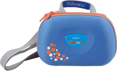 A blue Vtech Kidizoom carrying case with orange trim and a gray strap, shown against a white background.