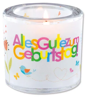 Windlicht Alles Gute zum Geburtstag, Glas, 6,5x6 cm, mit Teelicht