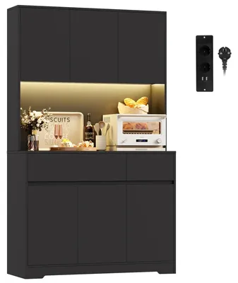 Produktbild von Hoher Küchenschrank Sideboard - 6 Türen 2 Schubladen - LED-Beleuchtung - Steckdose - Verstellbare Einlegeböden - 180x100x38,5 cm - Schwarz