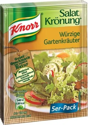 A product package for Knorr salad dressing with an image of a salad.