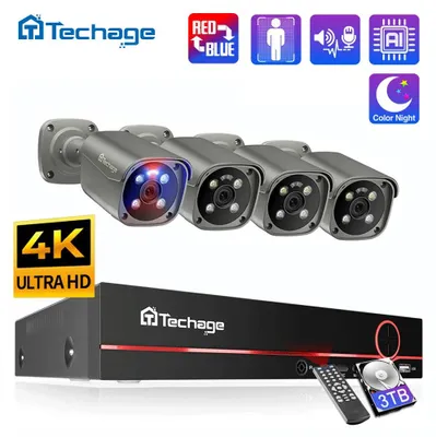Obrázok produktu pre Systém kamier Techage 8CH s rozlíšením 5MP/8MP/4K, podpora PoE, s dvojcestným audio, farebným nočným videním a inteligentnou detekciou tváre, CCTV systém pre video dohľad