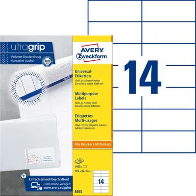 Immagine prodotto di Avery Zweckform® 3653 3653 Etichette universali ultragrip - 105 x 42,3 mm, bianco, 1.400 etichette, permanente