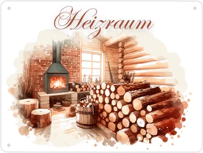 An illustration of a cozy heating room with a fireplace, logs, and a bucket.