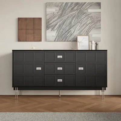 Image de Buffet noir avec 3 tiroirs et 2 portes, dimensions 160x40x83 cm, en MDF
