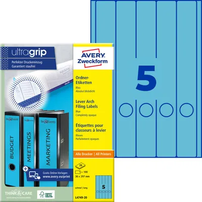 Produktbild von Avery Zweckform L4749-20, Ordner-Etiketten, A4, Qualitätsdruck mit: ultragrip, 38 x 297 mm, 100 Etiketten / 20 Bögen, blau