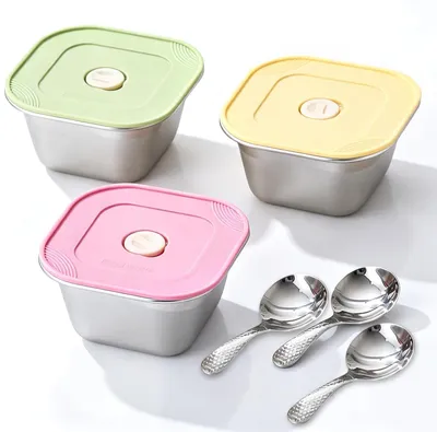 Eisbehälter-Set 3er, Edelstahl, 400 ml, stapelbar, mit Deckel & Löffeln
